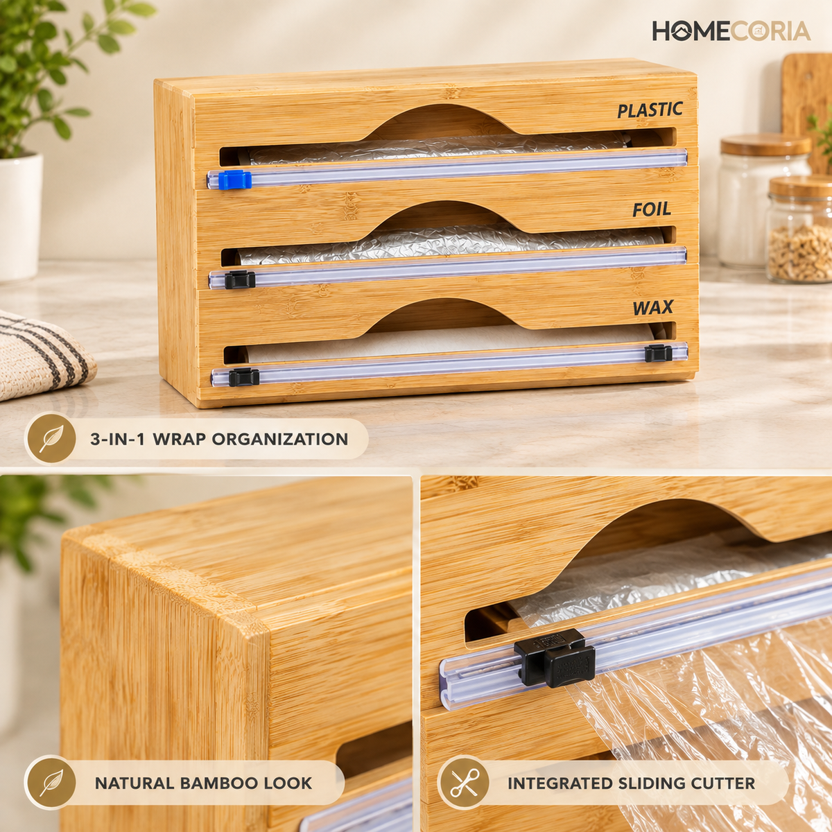 3-in-1 Bamboo Wrap Dispenser & Cutter – Plastic Wrap, Foil & Wax Paper Organizer