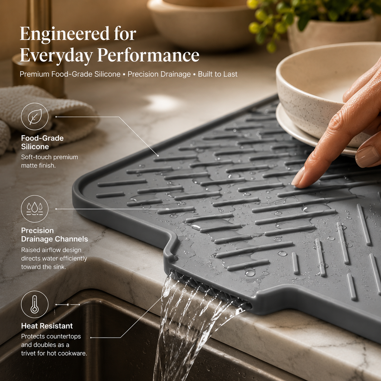 Non-Slip Kitchen Silicone Dish Drying Mat with Built-in Drain, Heat Resistant