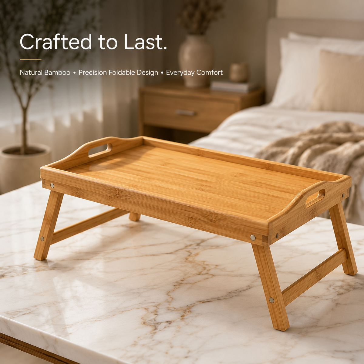 A bamboo folding bed tray with integrated handles and support legs, shown on a marble surface in a softly lit bedroom setting. Text on the image reads 'Crafted to Last.