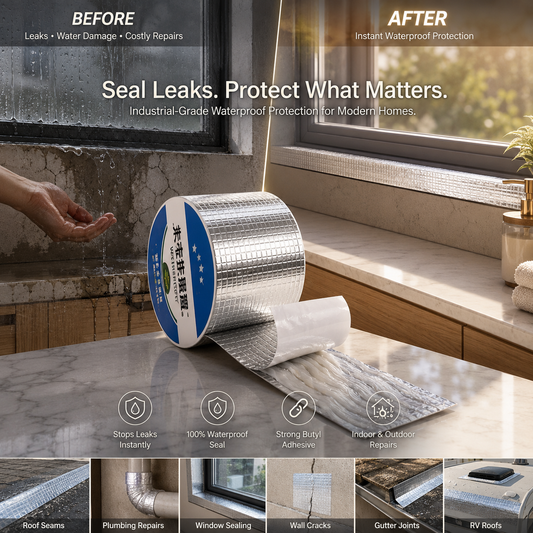 Waterproof adhesive sealant tape roll shown on a kitchen countertop with a window behind it, alongside a hand reaching toward it. The image includes before/after text and feature icons, with a strip of small application examples along the bottom.