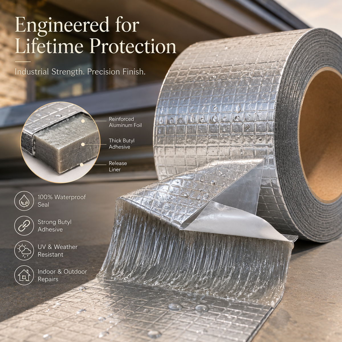 A roll of reflective silver self-adhesive sealant tape shown on a dark surface, with a close-up inset of the tape cross-section and text callouts about waterproofing, butyl adhesive, release liner, and durability. Large headline text at top reads 'Engineered for Lifetime Protection.