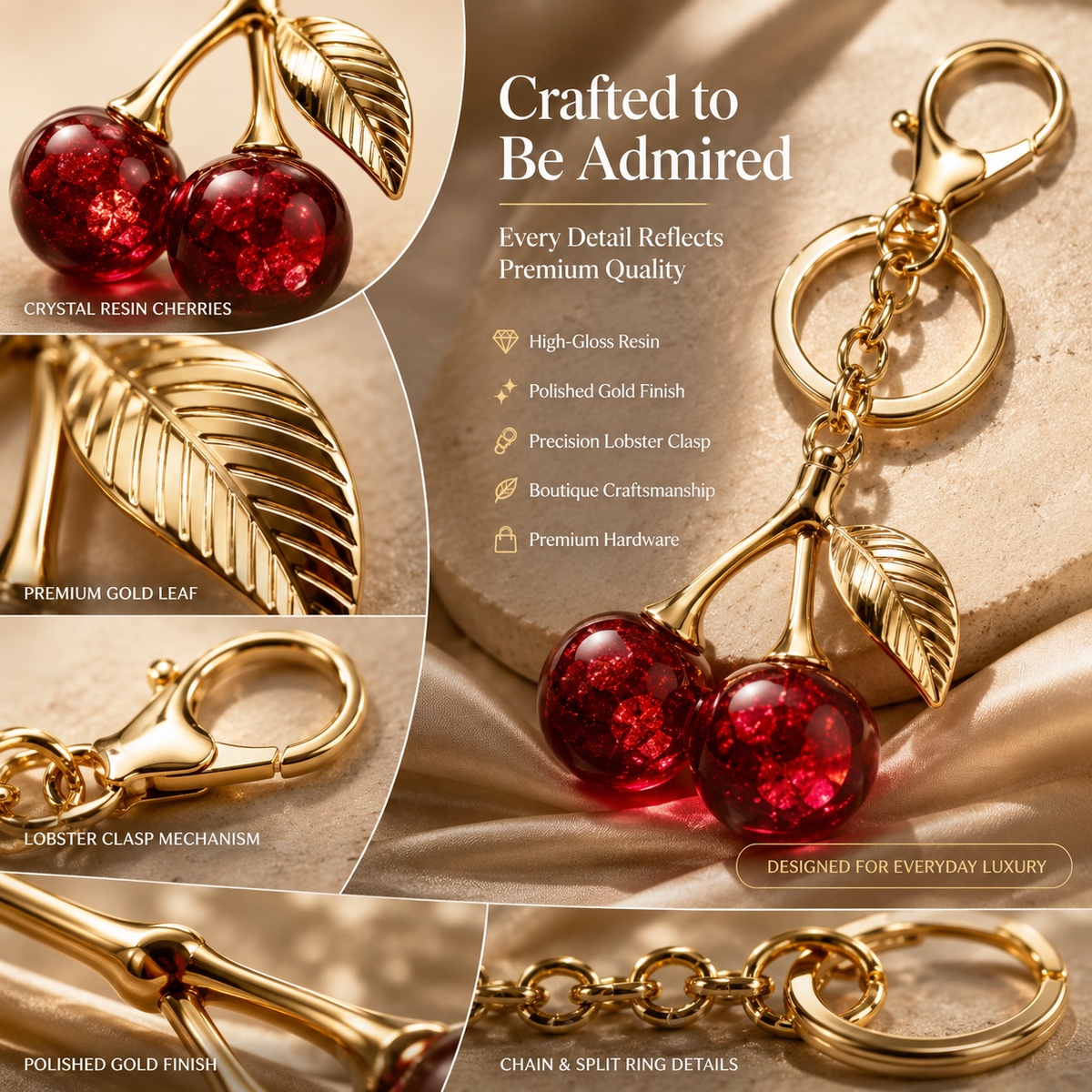 A gold lobster clasp keychain featuring two glossy red crystal resin cherries with gold leaves, shown in a luxury promotional collage with close-up detail panels and text highlighting premium quality and craftsmanship.