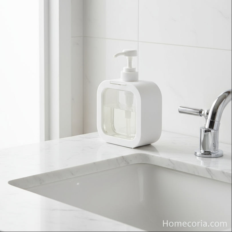 a white soap dispenser with pump, soap being poured, and a sponge.