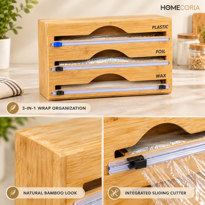 3-in-1 Bamboo Wrap Dispenser & Cutter – Plastic Wrap, Foil & Wax Paper Organizer