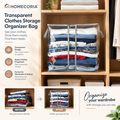 Transparent clothes storage organizer bag filled with folded clothing on a wardrobe shelf