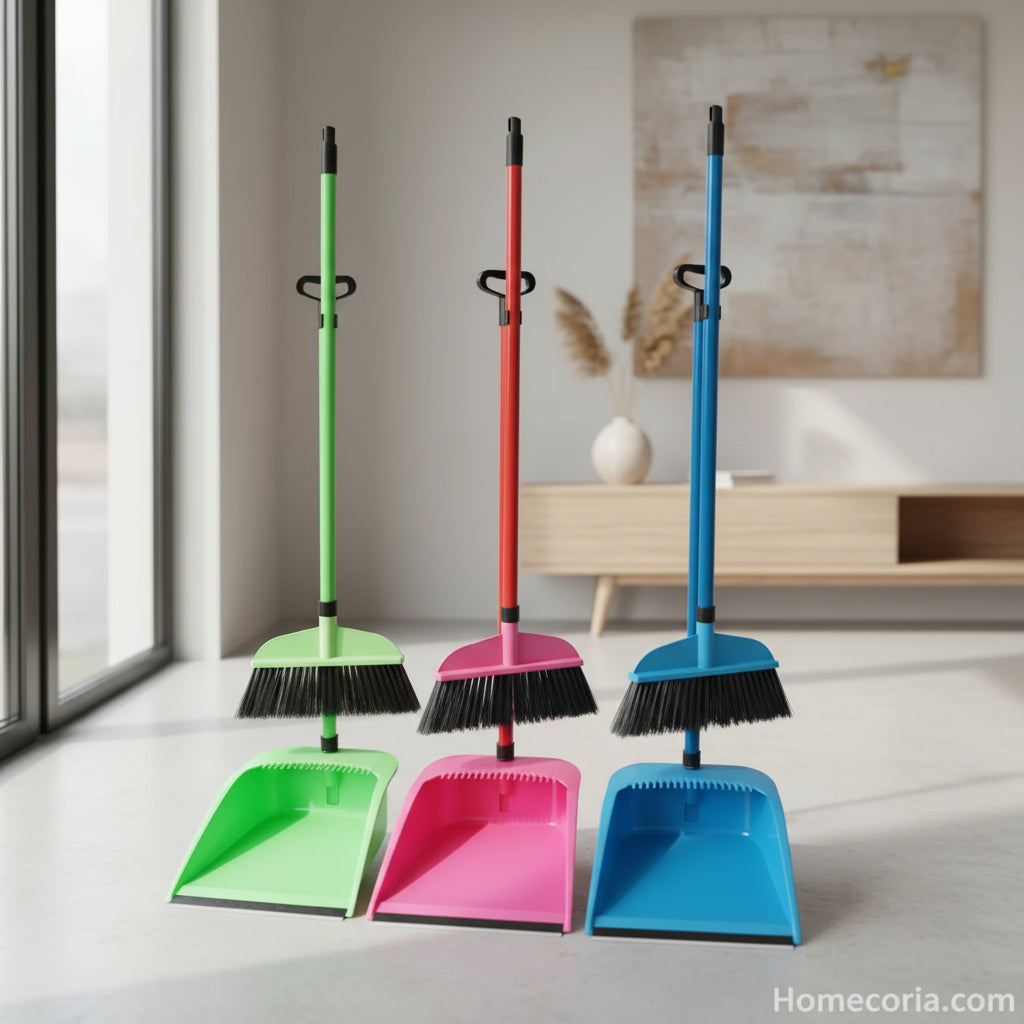 Three colorful brooms and dustpans with handles on a white background, featuring the Koropal brand.