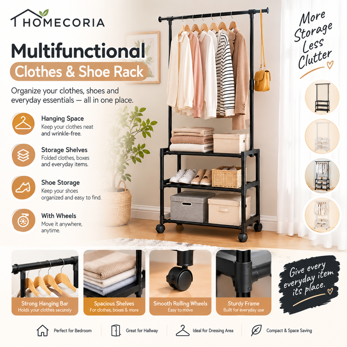 Multifunctional Clothes & Shoe Rack with Hanging Rail – Space Saving Storage Organizer