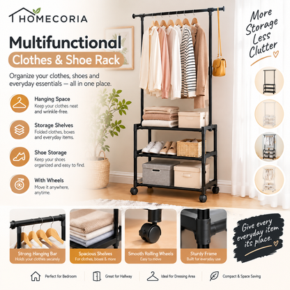 Multifunctional Clothes & Shoe Rack with Hanging Rail – Space Saving Storage Organizer