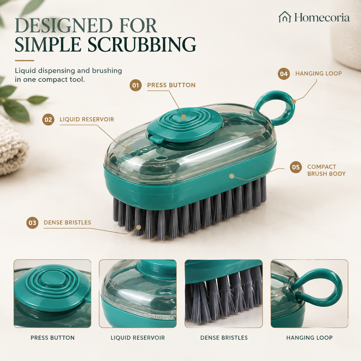 Liquid-Dispensing Cleaning Brush – Teal Scrubbing Brush