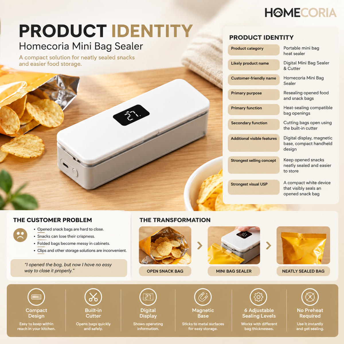 Mini Heat Sealer for Food Bags with LCD Display & Hidden Cutter