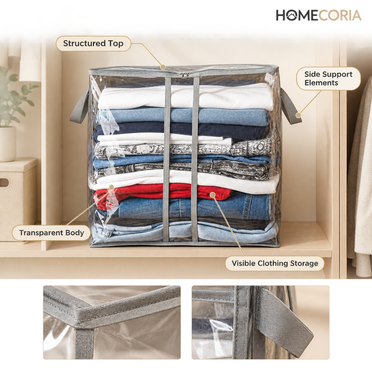 Transparent clothes storage organizer bag filled with folded clothing on a wardrobe shelf