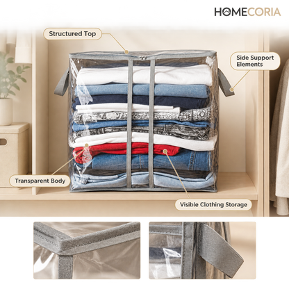 Transparent clothes storage organizer bag filled with folded clothing on a wardrobe shelf