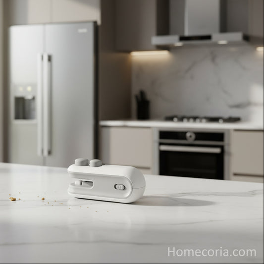  a hand using a white and gray sealing device on food packaging with product information text.