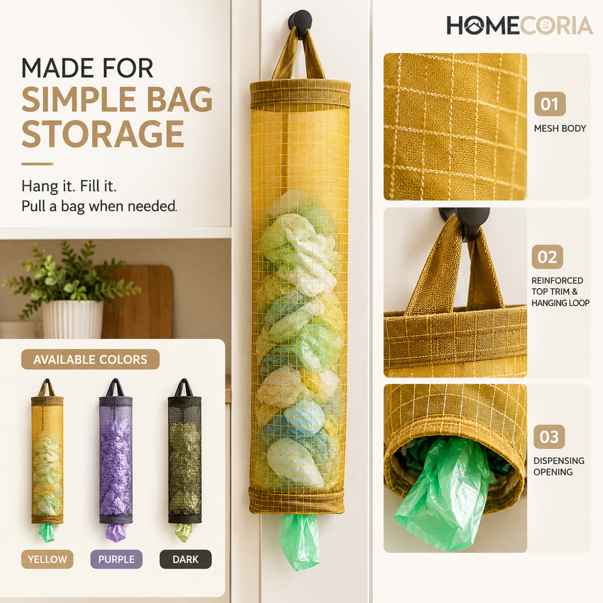 Hanging Mesh Garbage Bag Dispenser – Kitchen Waste Bag Organizer