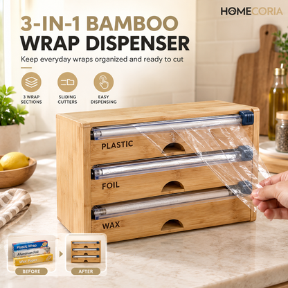 3-in-1 Bamboo Wrap Dispenser & Cutter – Plastic Wrap, Foil & Wax Paper Organizer