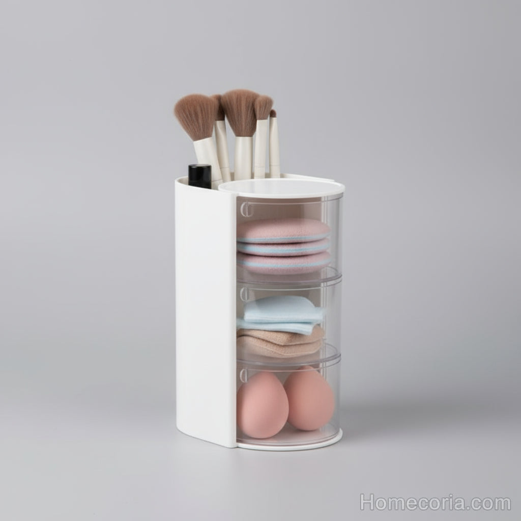 Collage of a cylindrical makeup organizer with various uses and dimensions displayed.