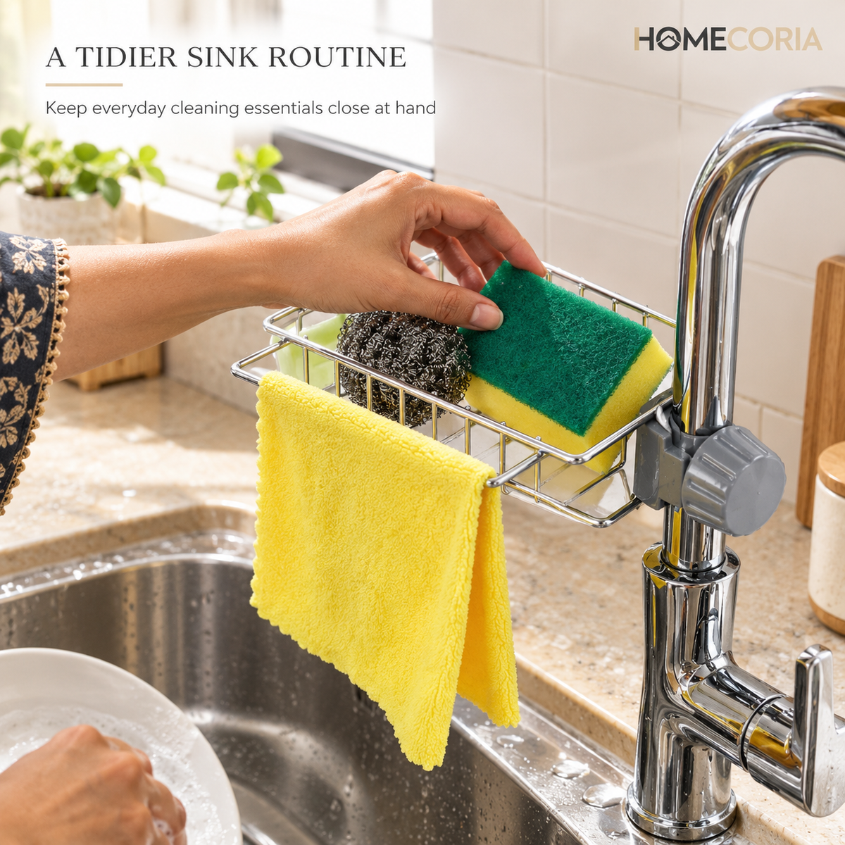 Faucet-Mounted Sink Storage Basket – Kitchen Sponge & Cleaning Cloth Holder