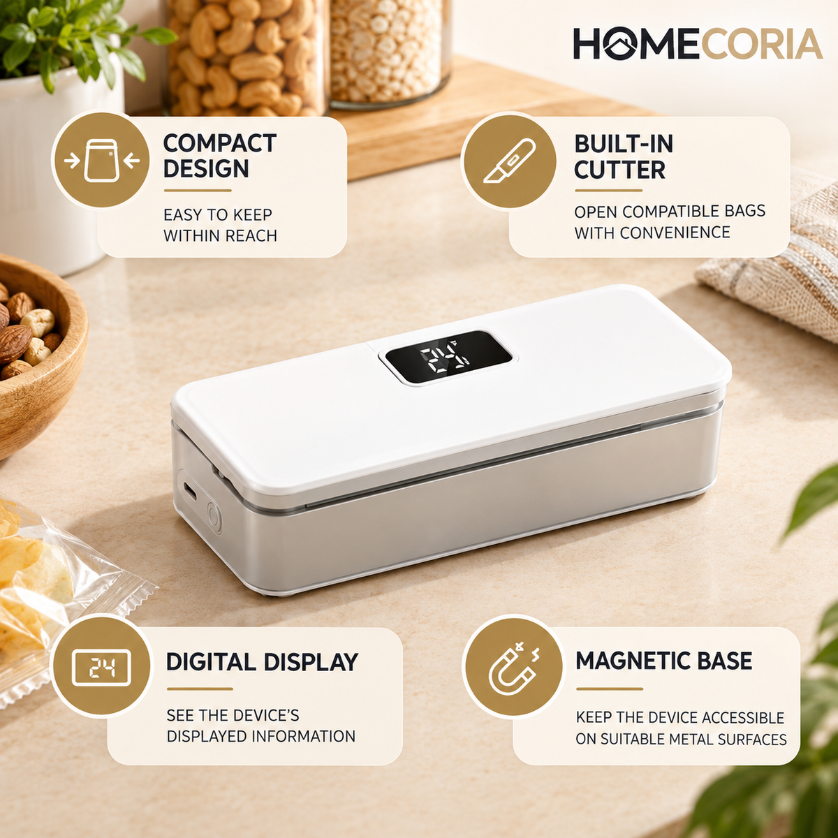 Mini Heat Sealer for Food Bags with LCD Display & Hidden Cutter