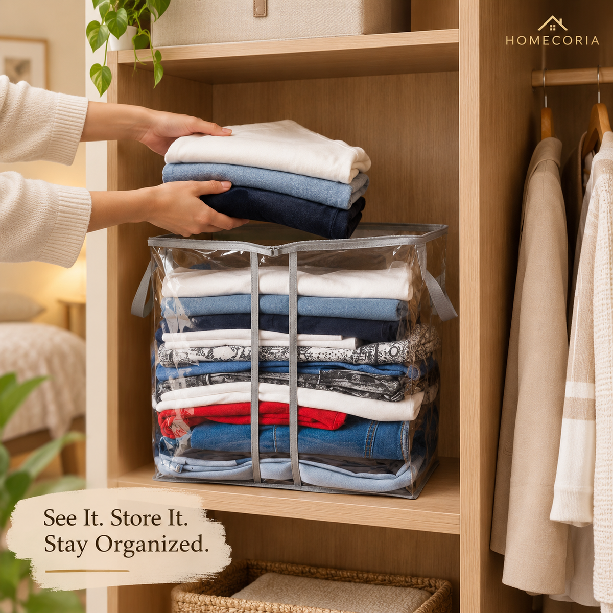 Transparent clothes storage organizer bag filled with folded clothing on a wardrobe shelf