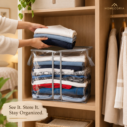 Transparent clothes storage organizer bag filled with folded clothing on a wardrobe shelf
