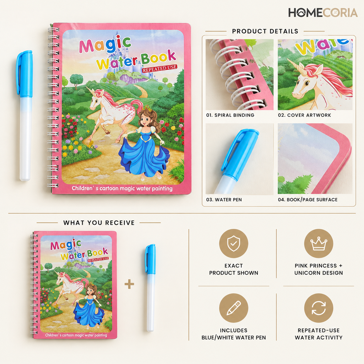 Magic Water Coloring Book for Kids – Reusable Water Painting Activity Book with Water Pen