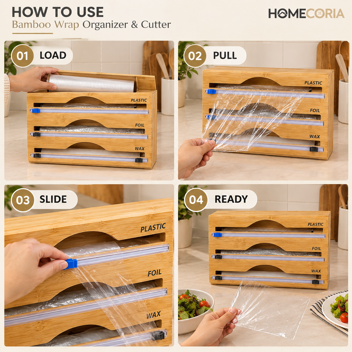 3-in-1 Bamboo Wrap Dispenser & Cutter – Plastic Wrap, Foil & Wax Paper Organizer