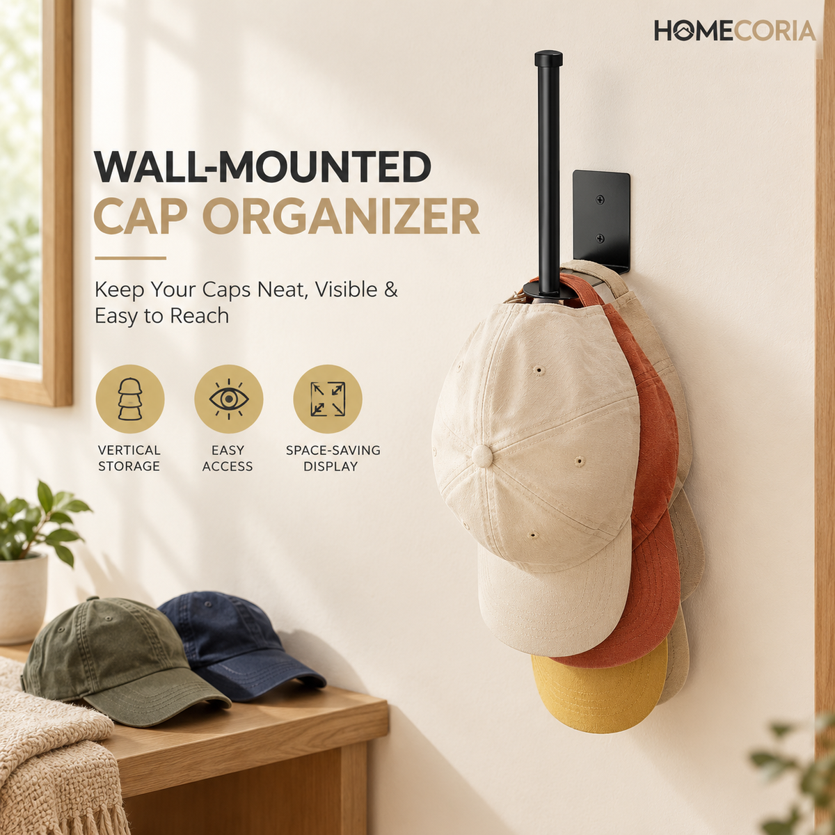 Wall-Mounted Cap Organizer – Space-Saving Hat Storage Rack