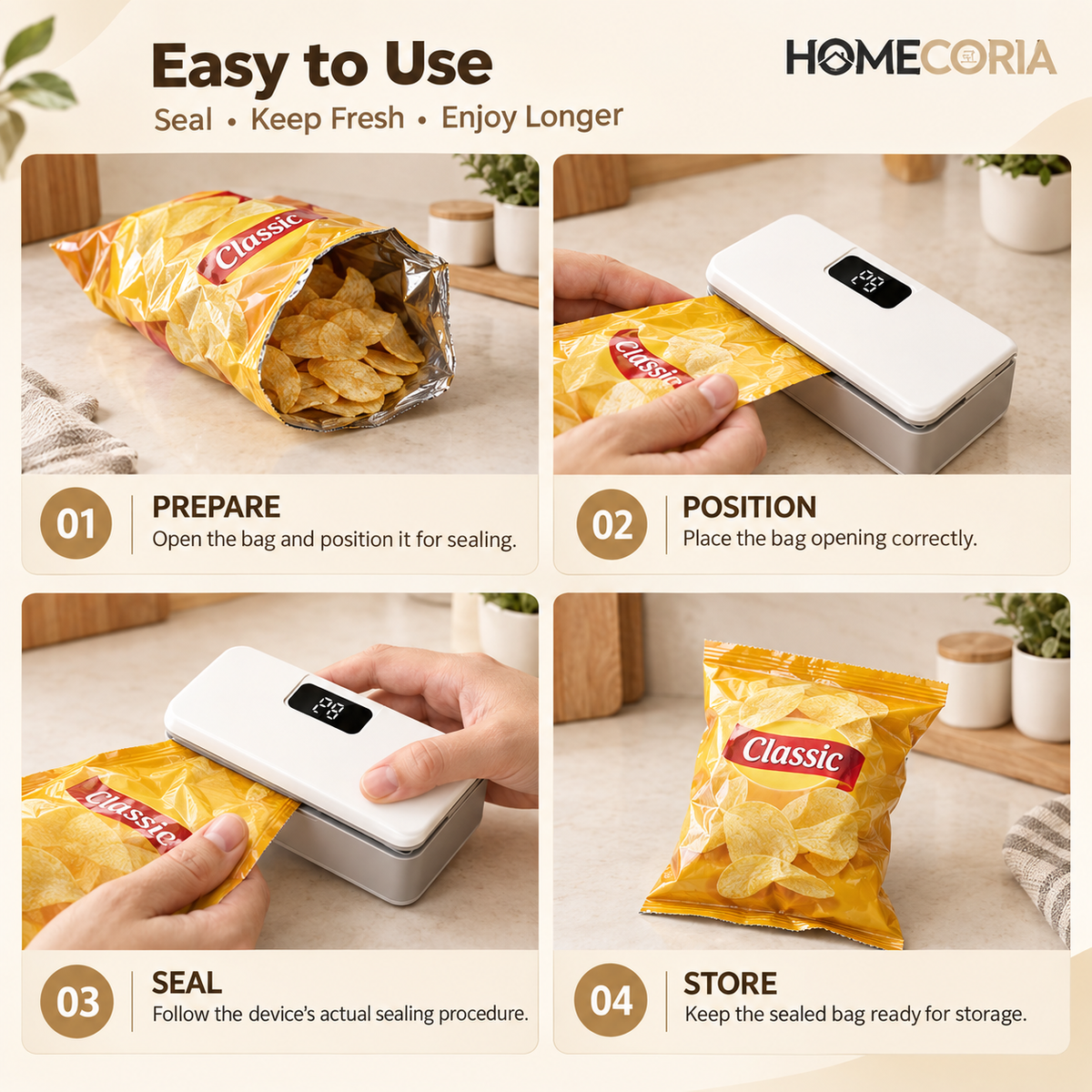 Mini Heat Sealer for Food Bags with LCD Display & Hidden Cutter