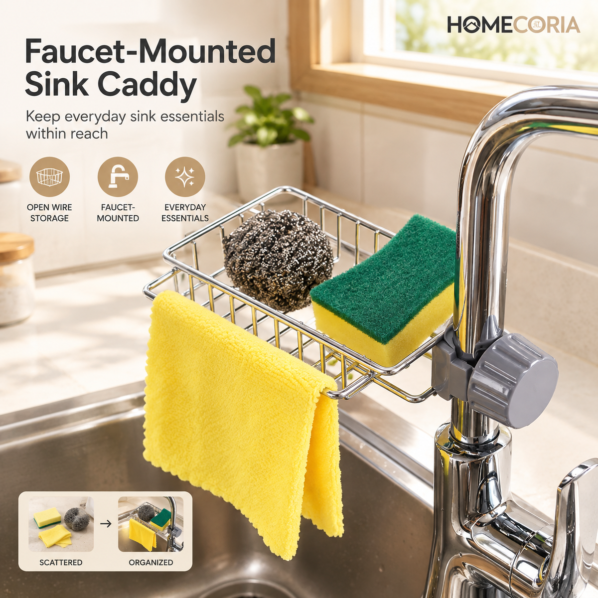 Faucet-Mounted Sink Storage Basket – Kitchen Sponge & Cleaning Cloth Holder