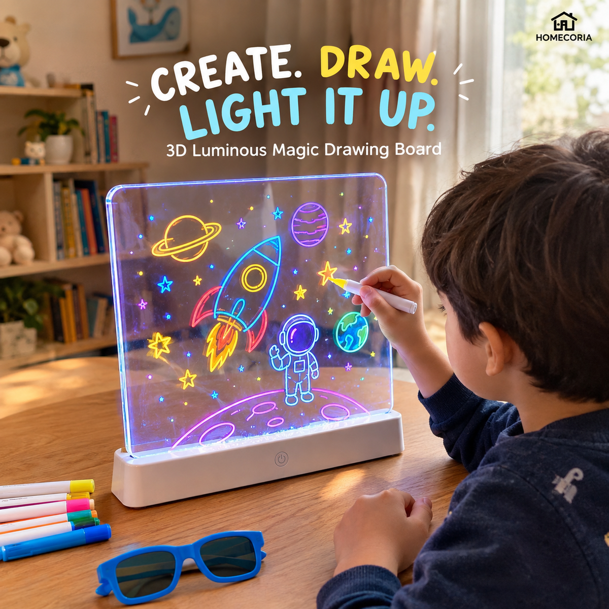 3D Luminous Magic Drawing Board for Kids – LED Glow Writing & Drawing Board