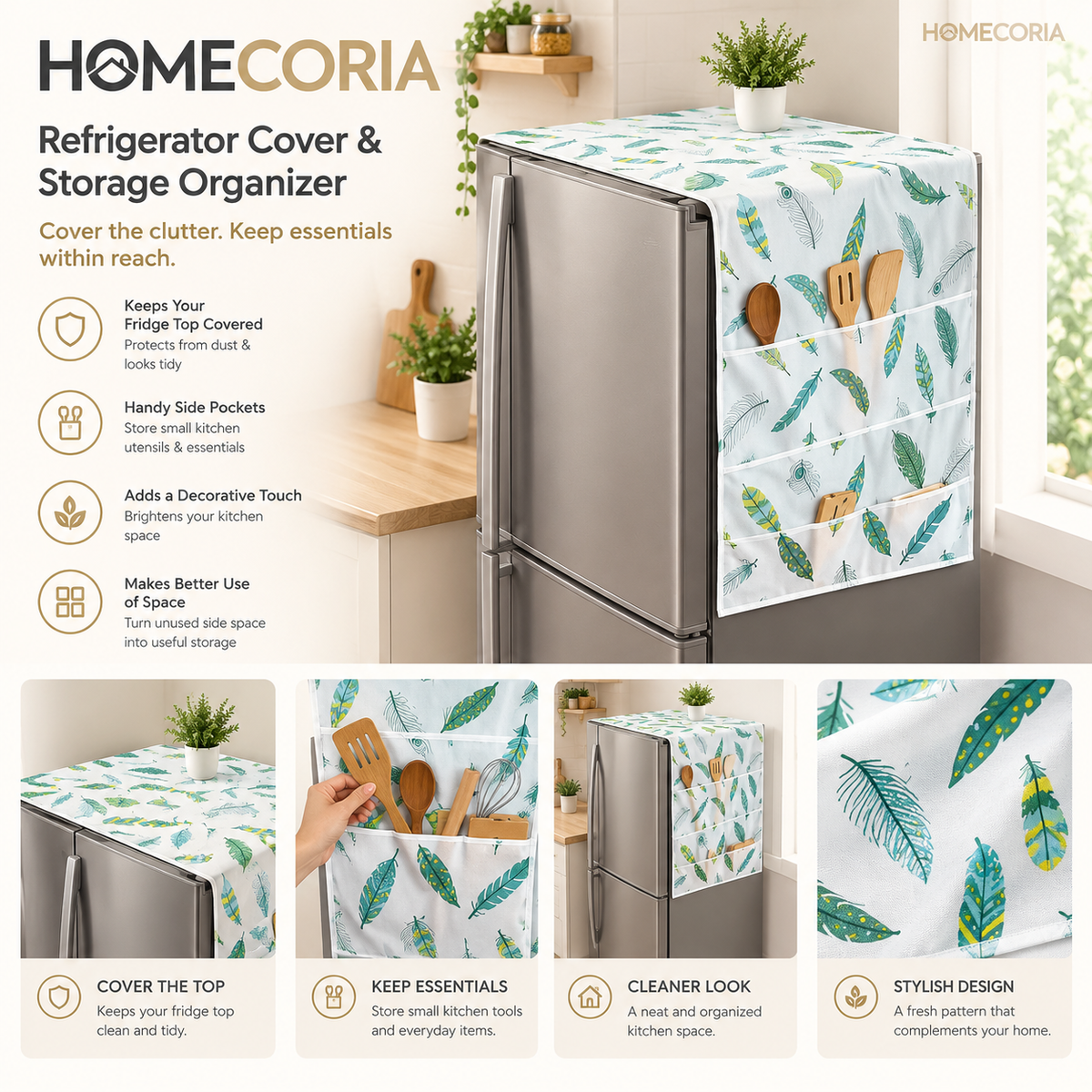 Refrigerator Cover & Storage Organizer – Feather Print
