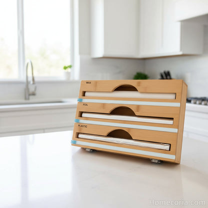 Wooden box with compartments for wax, foil, and plastic on a white background