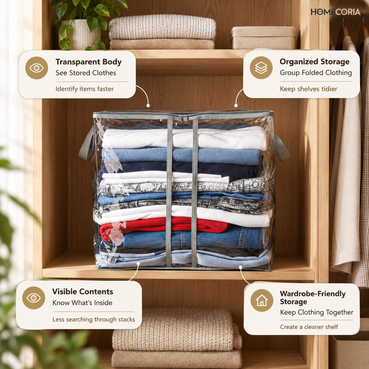 Transparent clothes storage organizer bag filled with folded clothing on a wardrobe shelf