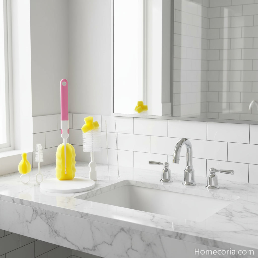 Set of cleaning brushes with pink, yellow, and white handles against a pink background