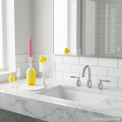 Set of cleaning brushes with pink, yellow, and white handles against a pink background