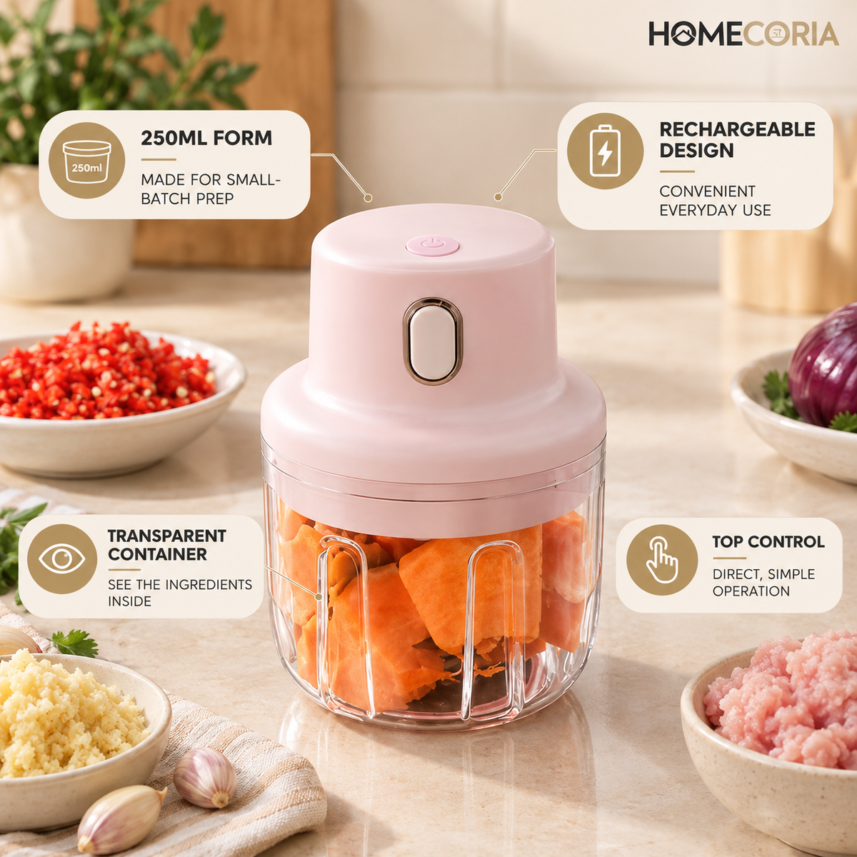 250ML Rechargeable Mini Food Chopper – Compact Electric Food Processor