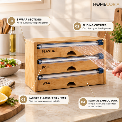 3-in-1 Bamboo Wrap Dispenser & Cutter – Plastic Wrap, Foil & Wax Paper Organizer