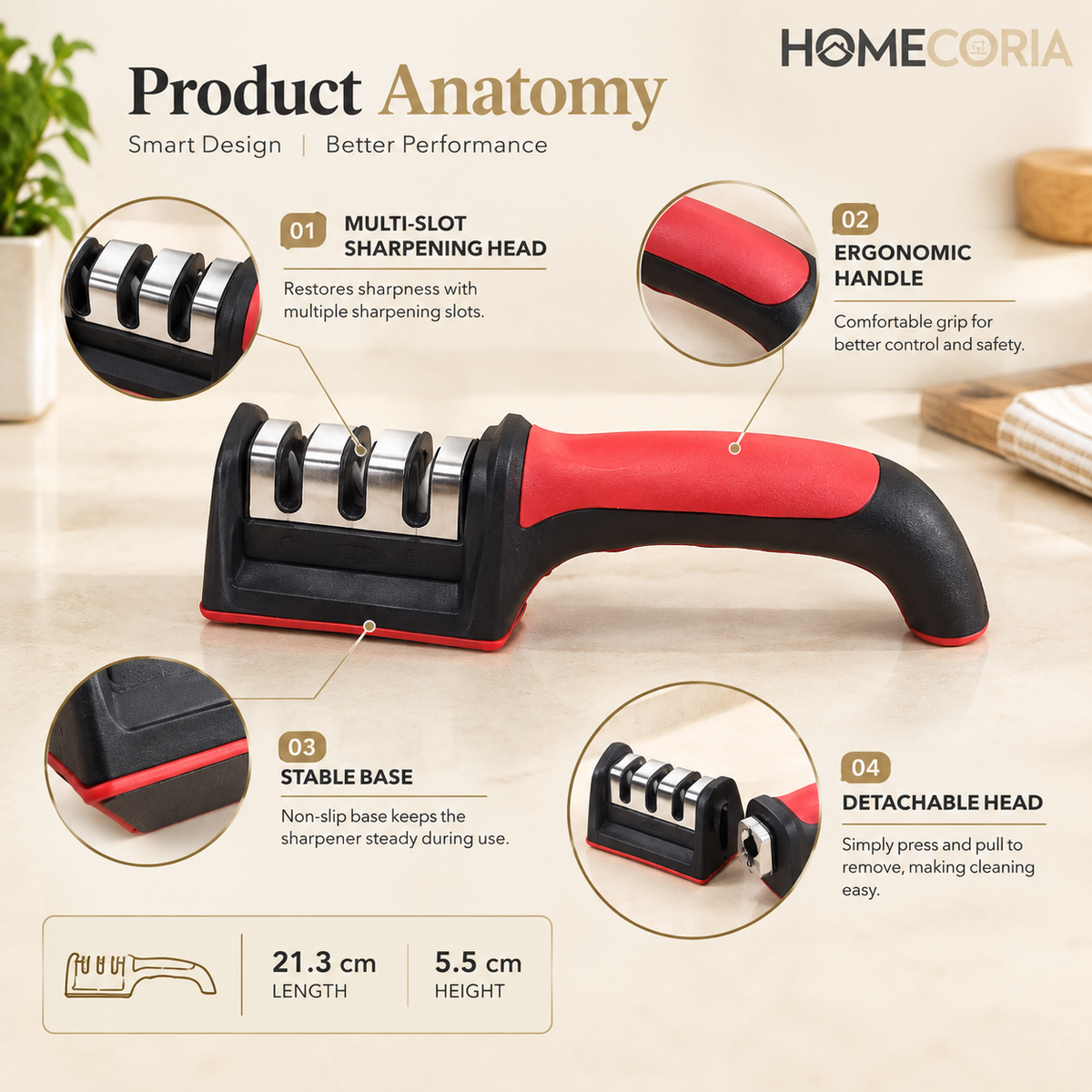Manual Kitchen Knife Sharpener – Multi-Slot Sharpening Tool with Ergonomic Handle