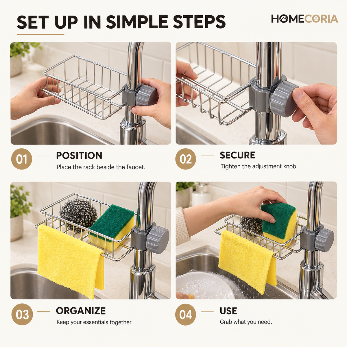 Faucet-Mounted Sink Storage Basket – Kitchen Sponge & Cleaning Cloth Holder