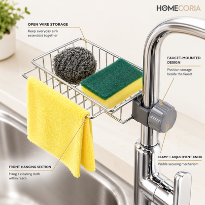 Faucet-Mounted Sink Storage Basket – Kitchen Sponge & Cleaning Cloth Holder
