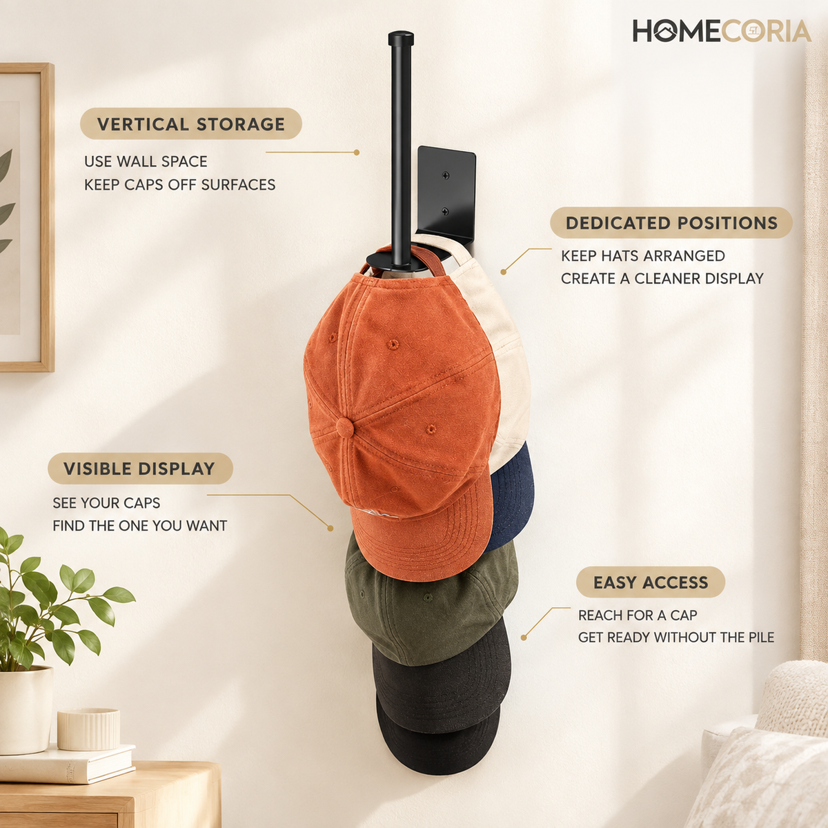 Wall-Mounted Cap Organizer – Space-Saving Hat Storage Rack