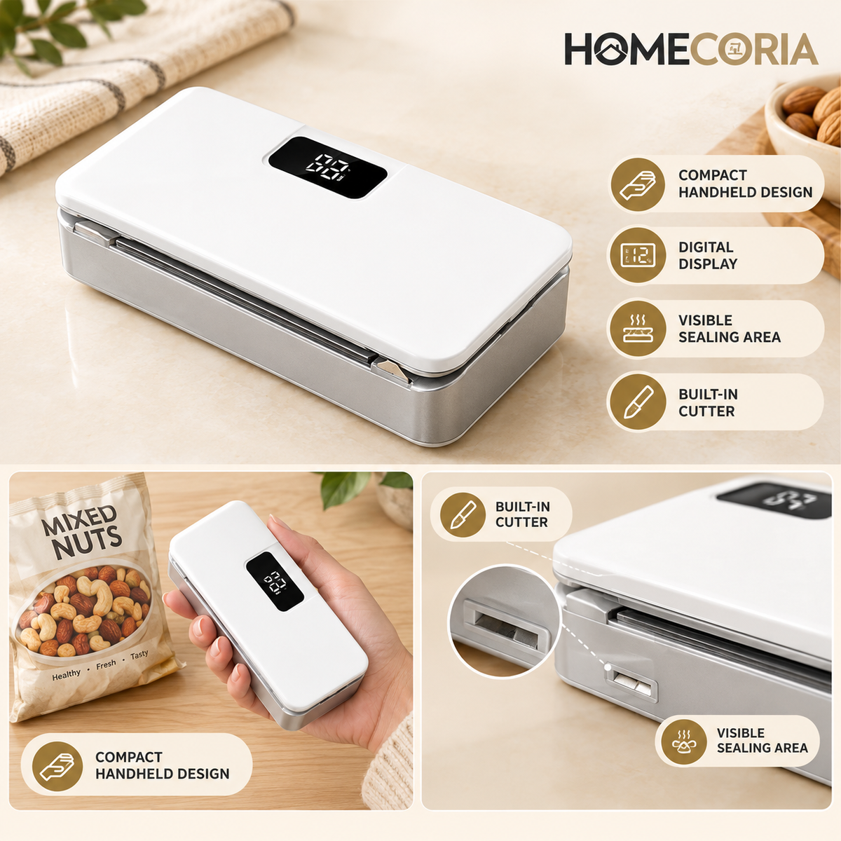 Mini Heat Sealer for Food Bags with LCD Display & Hidden Cutter