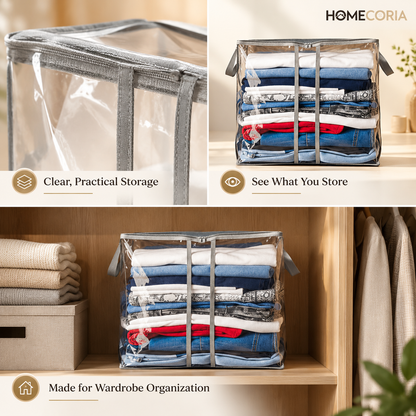 Transparent clothes storage organizer bag filled with folded clothing on a wardrobe shelf