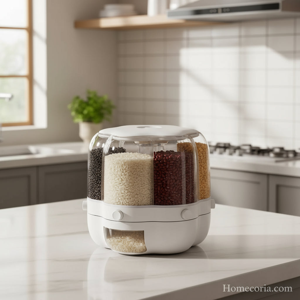 6-grid rotating grain rice dispenser with 360-degree rotation design on an orange background