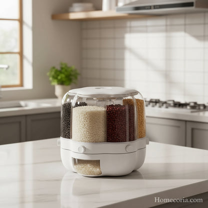 6-grid rotating grain rice dispenser with 360-degree rotation design on an orange background