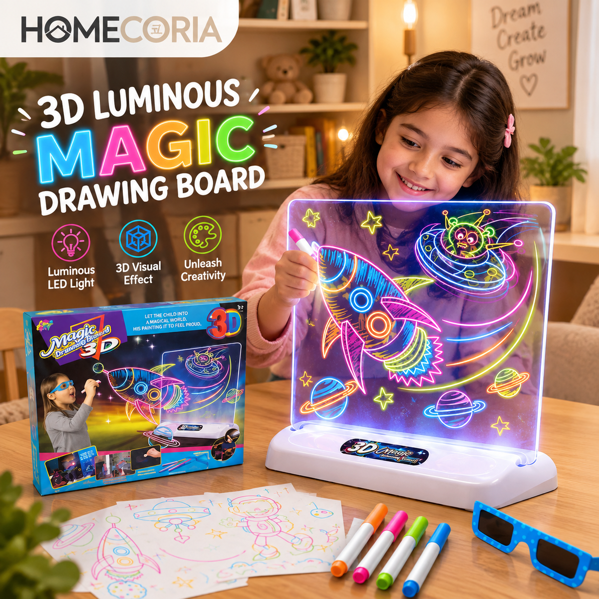 3D Luminous Magic Drawing Board for Kids – LED Glow Writing & Drawing Board