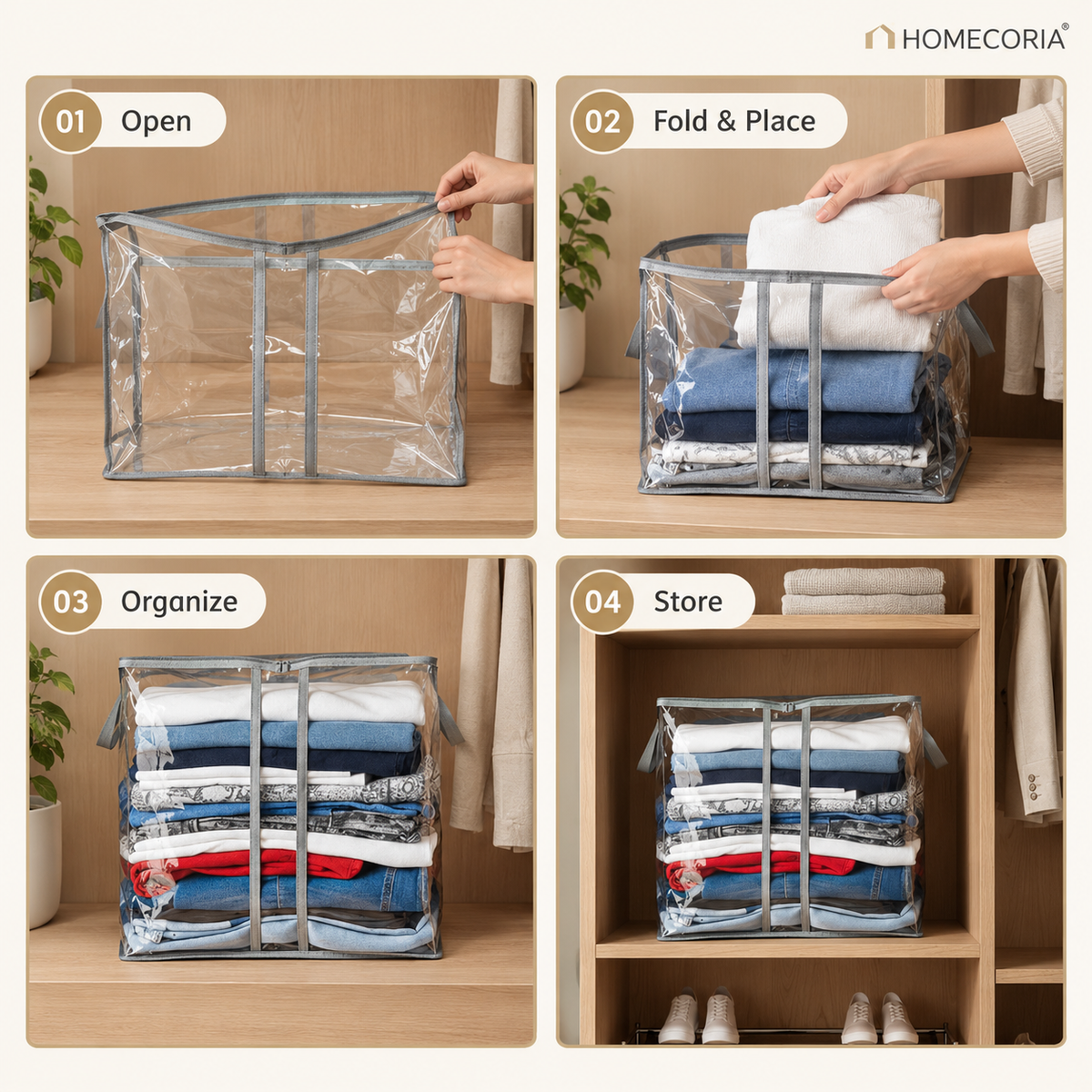 Transparent clothes storage organizer bag filled with folded clothing on a wardrobe shelf