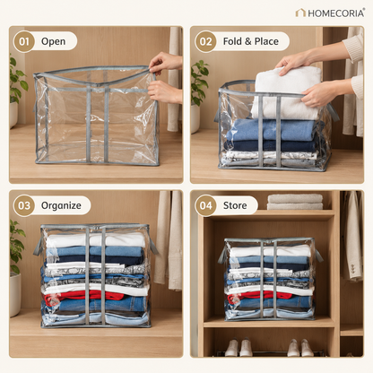 Transparent clothes storage organizer bag filled with folded clothing on a wardrobe shelf