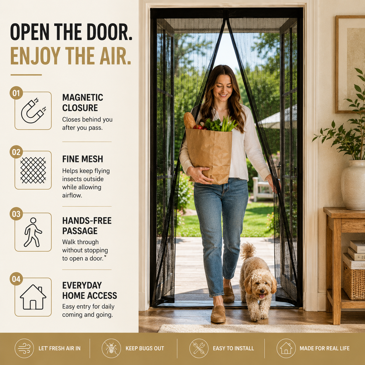 Magnetic Mesh Screen Door (35" x 82") — Hands-Free Automatic Closure