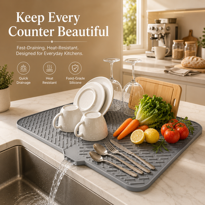 Non-Slip Kitchen Silicone Dish Drying Mat with Built-in Drain, Heat Resistant